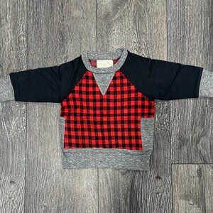 Miki Miette Red & Black Gingham Sweatshirt with Grey Accents, Size 6 Months, NWT